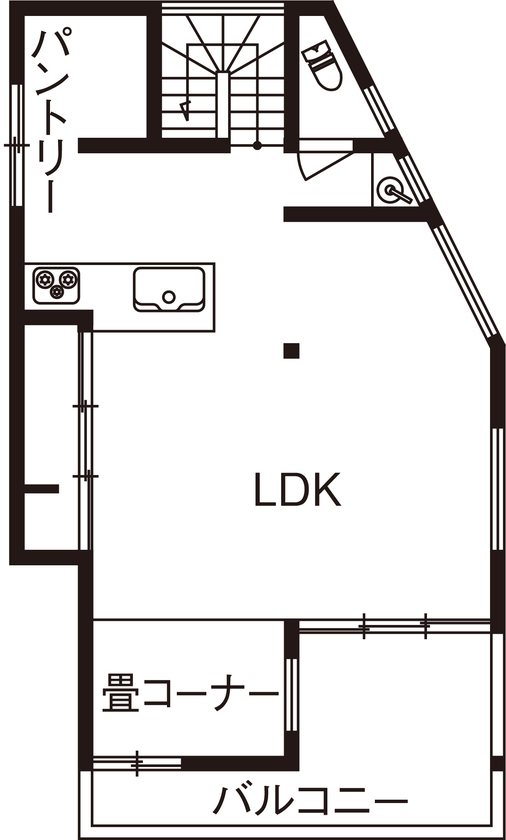 三心 【1900万円/変形地/高低差/サーファーズハウス/間取り図】開放的な吹き抜け空間のカリフォルニア内装な家の間取り図（3LDK）2階