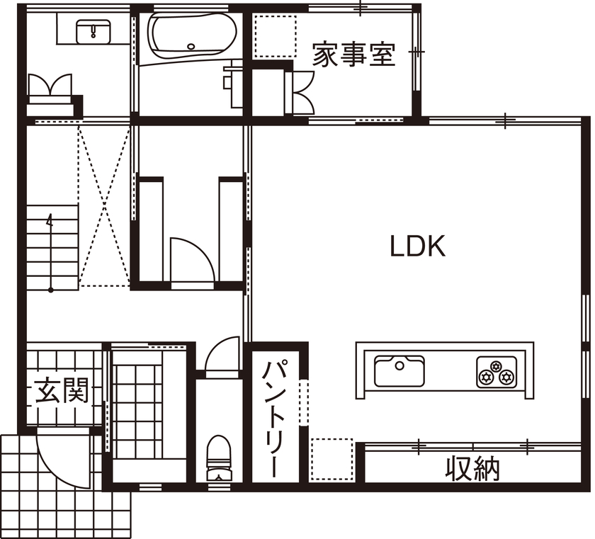 三心 【2000万円台/耐震等級3/間取り図】景観取り込み自然を身近にする大開口LDKのシンプルモダンなデザイン住宅の間取り図（2LDK）1階