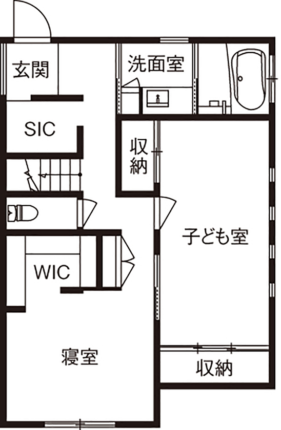 三心 【1900万円/約30坪/間取り図】海が見えるバルコニーへつづく2階LDK。シンプル×ナチュラルモダンの注文住宅の間取り図（2LDK）1階