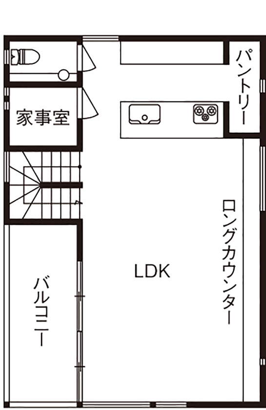 三心 【1900万円/約30坪/間取り図】海が見えるバルコニーへつづく2階LDK。シンプル×ナチュラルモダンの注文住宅の間取り図（2LDK）2階