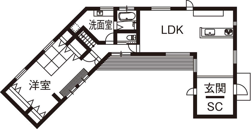 三心 【2000万円台/平屋風2階建て/間取り図】DIYも楽む家づくり。中庭を囲むコの字型の一部二階建て平屋注文住宅の間取り図（3LDK）1階