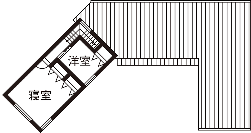 三心 【2000万円台/平屋風2階建て/間取り図】DIYも楽む家づくり。中庭を囲むコの字型の一部二階建て平屋注文住宅の間取り図（3LDK）2階