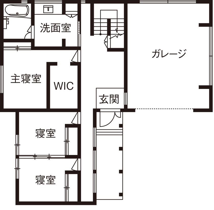 三心 【ビルトインガレージ/デッキテラス/間取り図】2階LDKとつながる明るく開放的でプライベートな屋外空間の家の間取り図（3LDK）1階