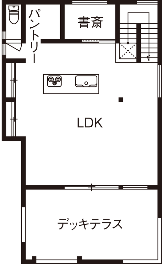 三心 【ビルトインガレージ/デッキテラス/間取り図】2階LDKとつながる明るく開放的でプライベートな屋外空間の家の間取り図（3LDK）2階