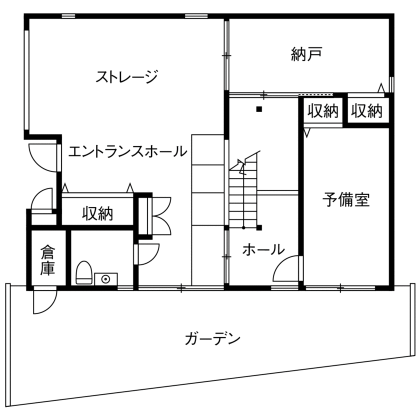 三心 【3000万円台/ビルトインガレージ/2階LDK/間取り図】一面の海を屋上テラスから眺める四角い外観の注文住宅の間取り図（2LDK）1階