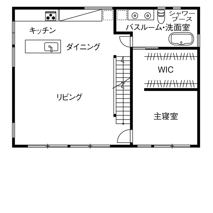 三心 【3000万円台/ビルトインガレージ/2階LDK/間取り図】一面の海を屋上テラスから眺める四角い外観の注文住宅の間取り図（2LDK）2階