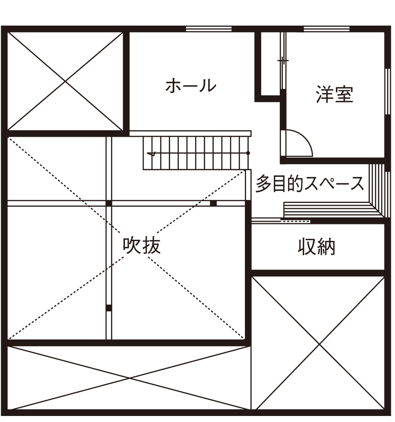 三心 【2200万円/平屋風二階建て/間取り図】自由度の高い家づくり。土間玄関から入るシンプルで独創的な注文住宅の間取り図（2LDK）2階