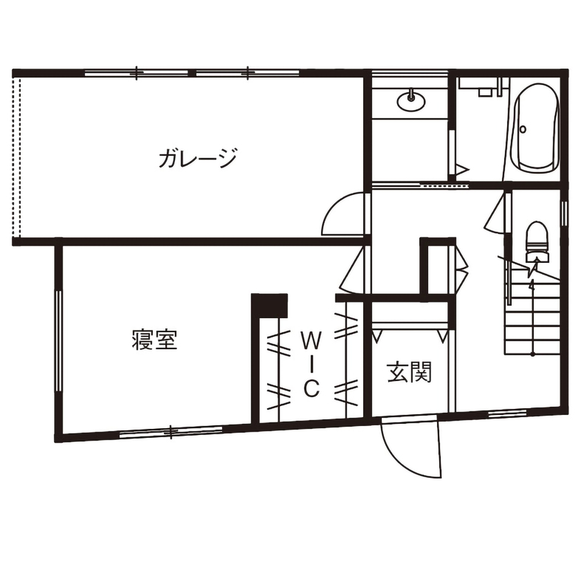 三心 【2000万円台/ビルトインガレージ/屋上/間取り図】サーフィンを楽しむ家づくり。ゆったりとした1LDKの家の間取り図（1LDK）1階
