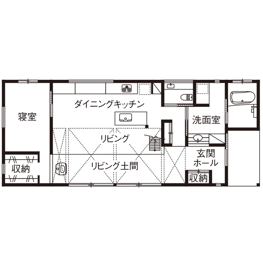 三心 【3000万円台/平屋/ロフト/間取り図】土間と薪ストーブのある、上質な暮らしを満喫できる平屋の間取り図（1LDK）1階