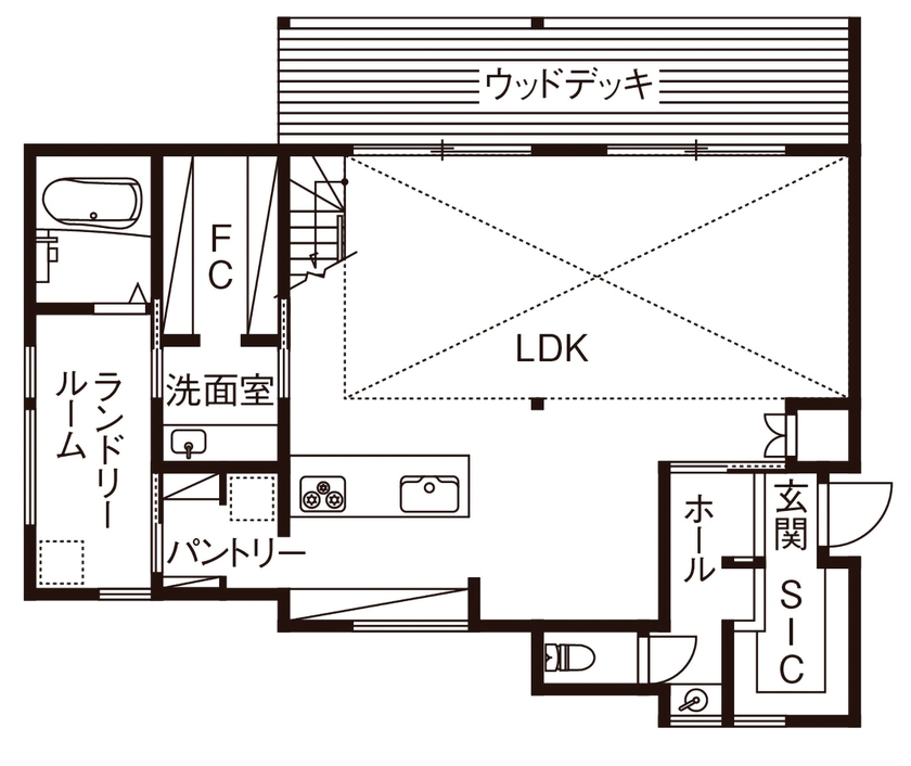 三心 【3000万円台/吹抜け/間取り図】開放感、回遊動線、趣味の空間も思いのままに。自由を愉しんだ家づくりの間取り図（3LDK）1階
