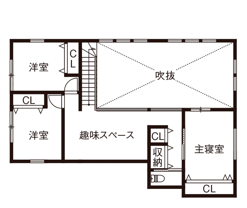 三心 【3000万円台/吹抜け/間取り図】開放感、回遊動線、趣味の空間も思いのままに。自由を愉しんだ家づくりの間取り図（3LDK）2階