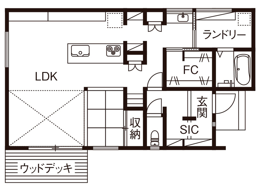 三心 【2000万円台/吹抜け/間取り図】多目的な小上がりや読書コーナーなど、型にはまらない住空間が魅力の間取り図（3LDK）1階