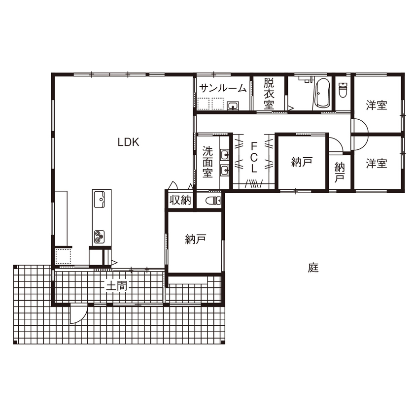 三心 【3000万円台/平屋/7人家族/間取り図】大家族を包む大きな庭と勾配天井のある大空間。理想の平屋の間取り図（4LDK）1階