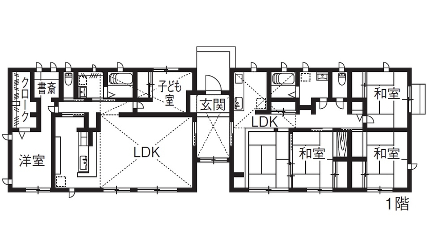 古郡ホーム 二世帯平屋住宅を叶えた設計力　デザイン性と機能性が融和した住まいの間取り図（5K以上）1階