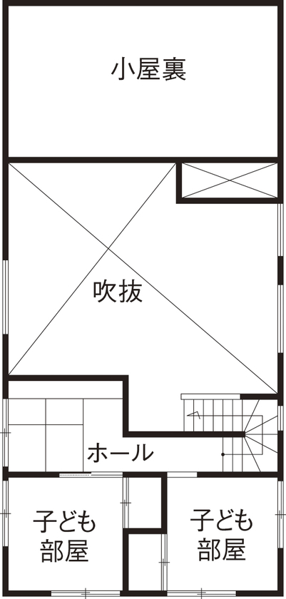 古郡ホーム 家のどこにいても家族と繋がる。木の表情が優しく包み、見守る家族時間の間取り図（3LDK）２階