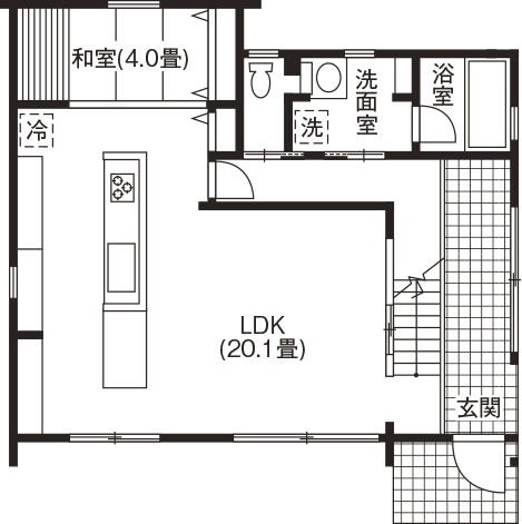 古郡ホーム 自然の恵みを存分に受けられる土間空間とＬＤＫが繋がる住まいの間取り図（4LDK）１階