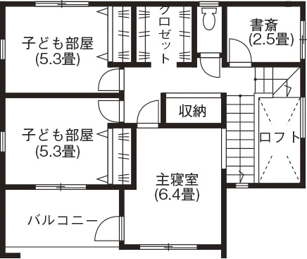古郡ホーム 自然の恵みを存分に受けられる土間空間とＬＤＫが繋がる住まいの間取り図（4LDK）２階