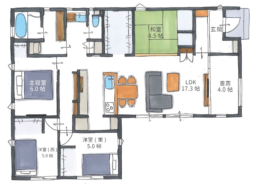 古郡ホーム 本に囲まれるやわらかカラーの平屋の間取り図（4LDK+書斎+WIC）1階