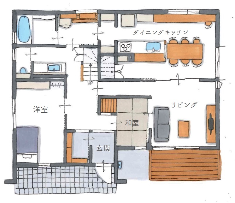 古郡ホーム 自然と調和する木のあたたかみが感じられる白と黒のモダンハウスの間取り図（5LDK+書斎+WIC）1階