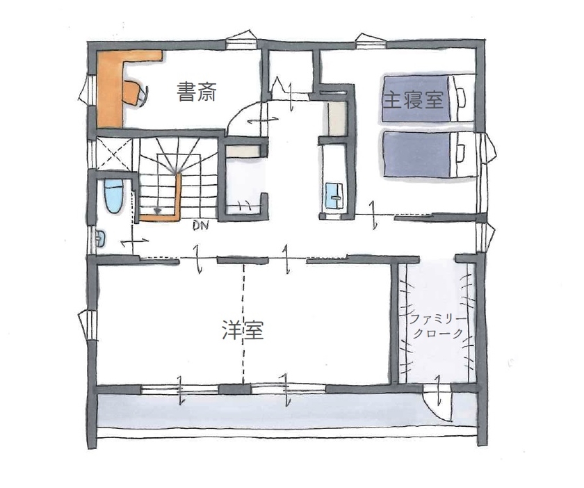 古郡ホーム 自然と調和する木のあたたかみが感じられる白と黒のモダンハウスの間取り図（5LDK+書斎+WIC）2階