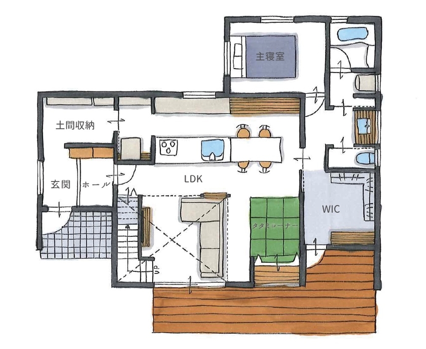 古郡ホーム オープンキッチンで家族と繋がる住まいの間取り図（3LDK+畳コーナー）1階