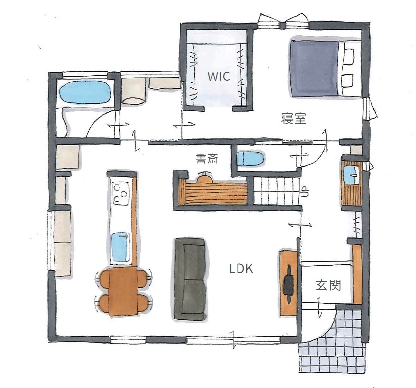 古郡ホーム 大屋根の景色を愉しむモダンな住まいの間取り図（3LDK+書斎+WIC）1階
