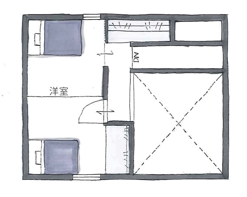 古郡ホーム 大屋根の景色を愉しむモダンな住まいの間取り図（3LDK+書斎+WIC）2階