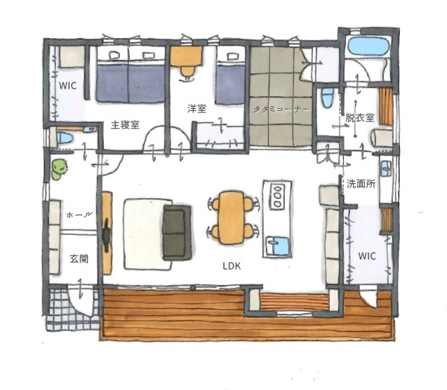 古郡ホーム 人と空間の"つながり"を体感する洗練デザインの平屋の間取り図（2LDK）１階