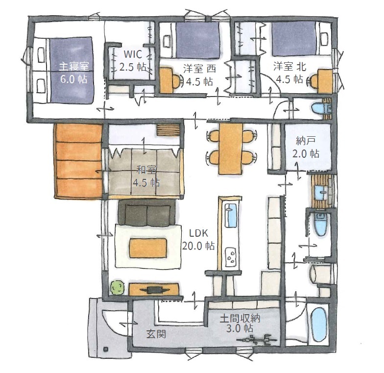 古郡ホーム 【間取り図あり/平屋】「勾配天井の開放感×家事ラク動線」理想の暮らしを叶えた住まいの間取り図（4LDK）１階