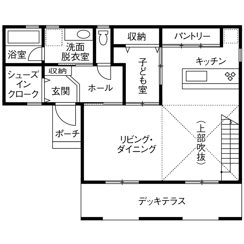 一級建築士事務所　上野工務店 【1500万円～2000万円台・延床面積約40坪・高槻市】光が差し込む吹抜けとアイアン階段がある大空間LDKの家の間取り図（3LDK）1階