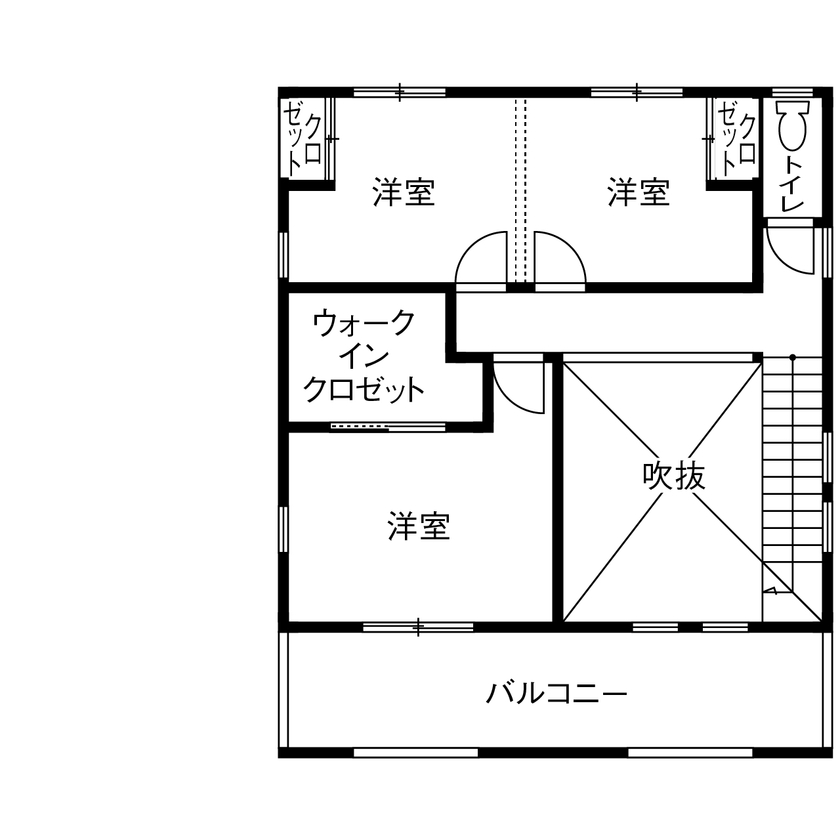 一級建築士事務所　上野工務店 【1500万円～2000万円台・延床面積約40坪・高槻市】光が差し込む吹抜けとアイアン階段がある大空間LDKの家の間取り図（3LDK）2階