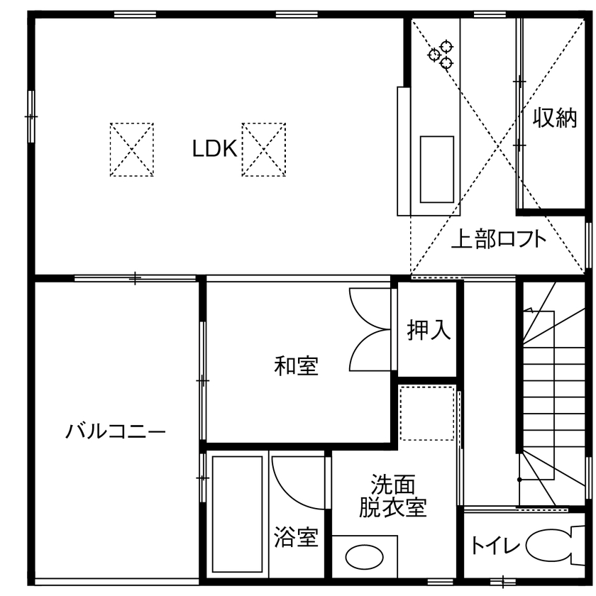 一級建築士事務所　上野工務店 【豊中市／1000万円台／約30坪】光が差し込むLDKとバルコニーから星空を眺める、開放感溢れる家の間取り図（3LDK＋ロフト）2階