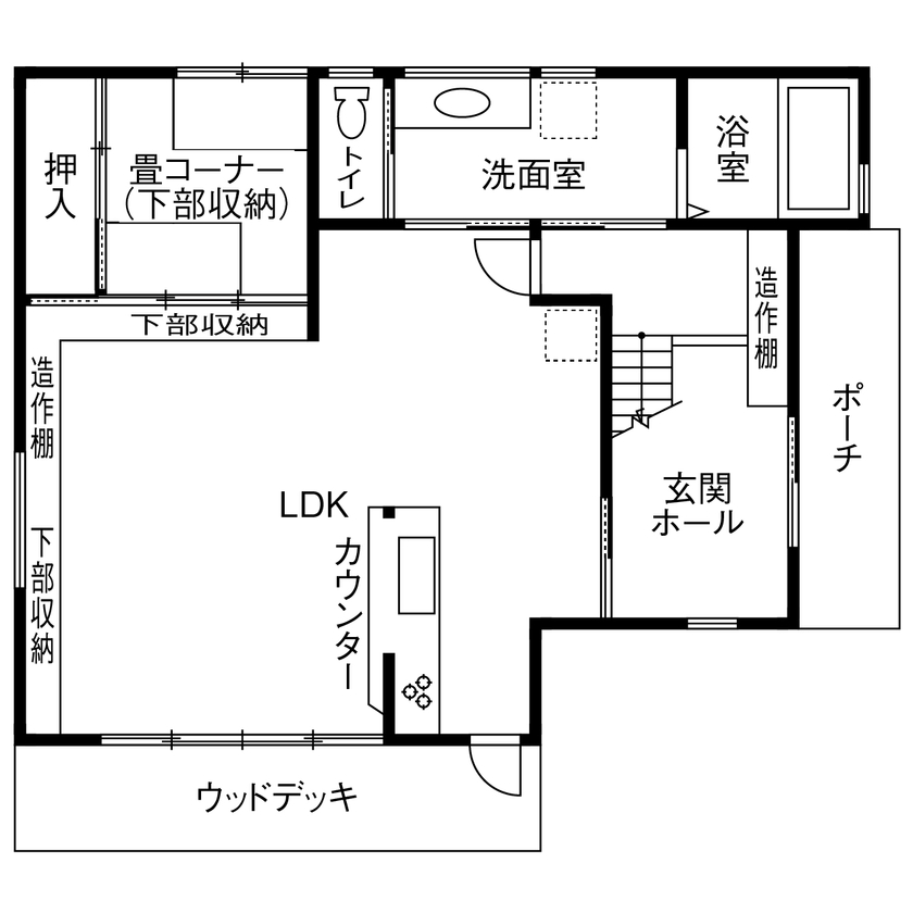 一級建築士事務所　上野工務店 【2500万円～3000万円台・延べ床面積約48坪・茨木市】まるで体育館！子どもが元気いっぱい走り回る22畳LDKの間取り図（2LDK）1階
