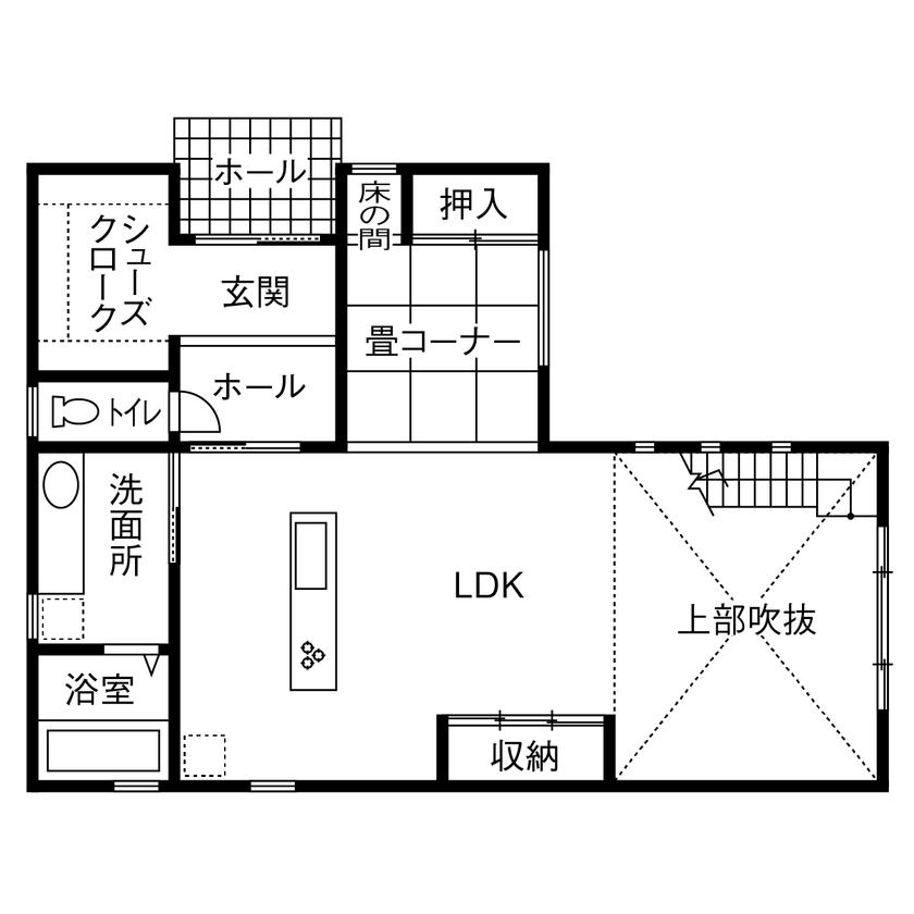 一級建築士事務所　上野工務店 【2500万円～3000万円台・延床面積約30坪台・寝屋川市】驚くほど開放的で明るい！暮らしに寄り添った住まいの間取り図（2LDK＋畳コーナー）1階