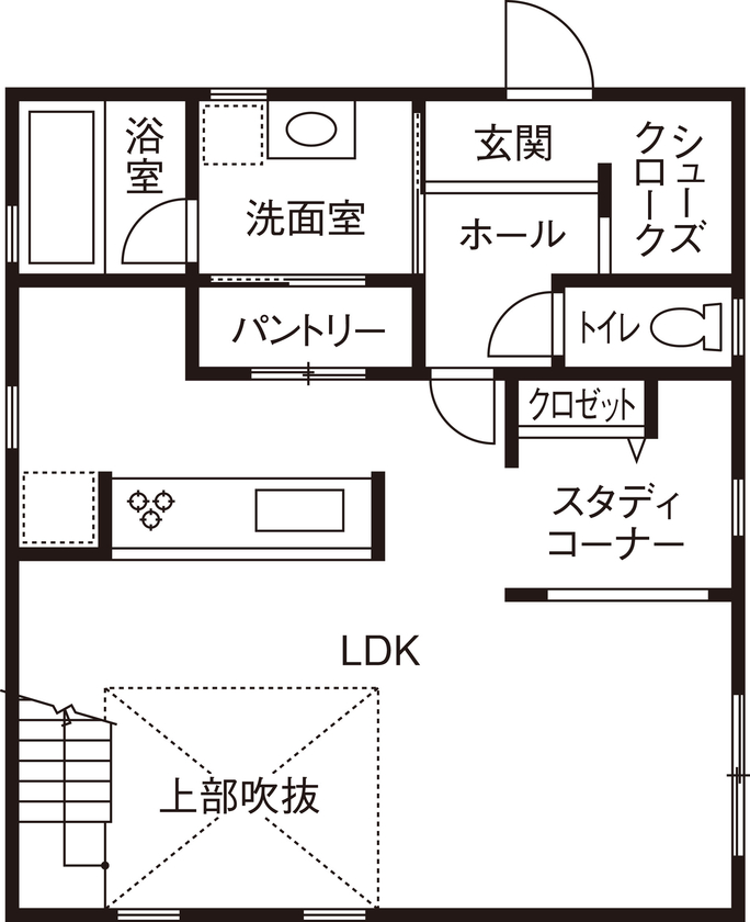 一級建築士事務所　上野工務店 【1000万円台／約30坪／間取り有】希望エリアでの土地探しから叶えたおしゃれな家の間取り図（2LDK）1階