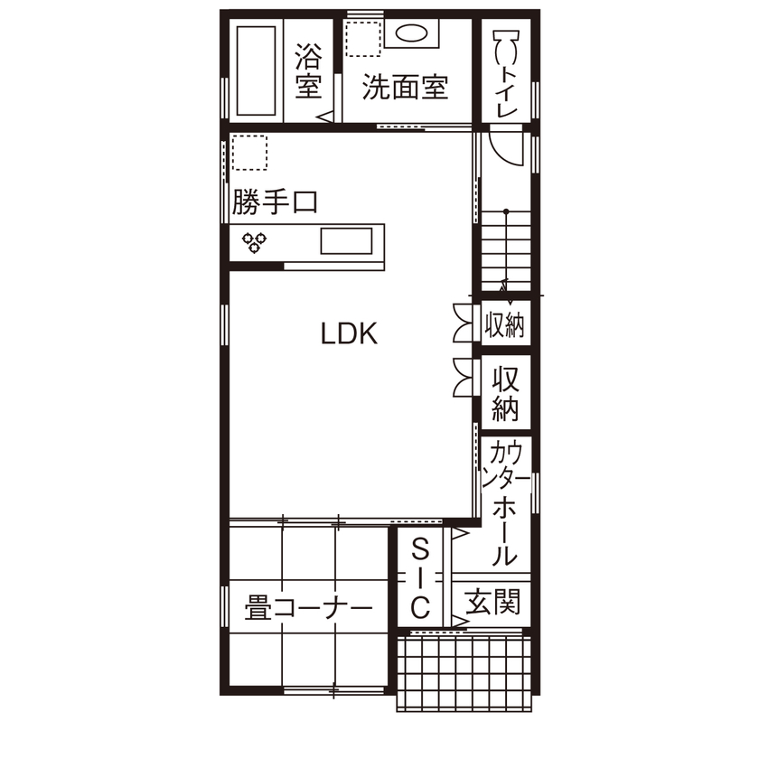 一級建築士事務所　上野工務店 【京都市内／1000万円台／間取り有】担当者さんと2人3脚。土地購入から設計施工までお任せして大満足の家造りの間取り図（4LDK＋小屋裏収納）1階