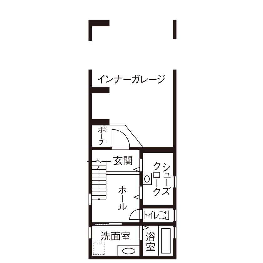 一級建築士事務所　上野工務店 【大阪府／約30坪／3階建て】モノトーンをベースに清潔感と自然光あふれる大空間LDKのある3階建ての間取り図（3LDK＋書斎）1階