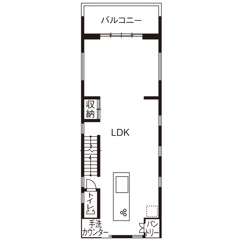 一級建築士事務所　上野工務店 【大阪府／約30坪／3階建て】モノトーンをベースに清潔感と自然光あふれる大空間LDKのある3階建ての間取り図（3LDK＋書斎）2階