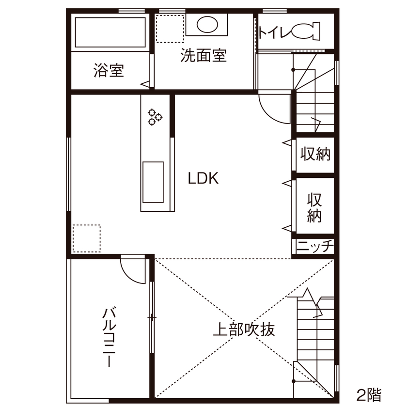 一級建築士事務所　上野工務店 【茨木市・3階建て・1500万円～1999万円】敷地約23坪でも吹き抜けがある開放的な住空間が完成！の間取り図（3LDK）2階