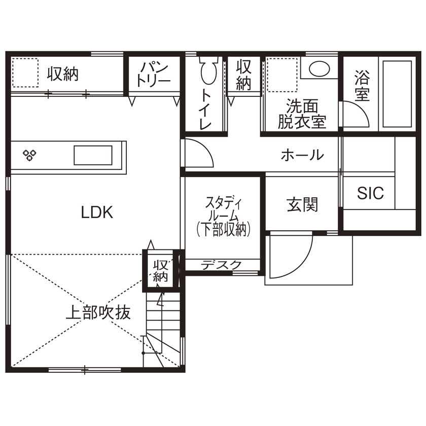 一級建築士事務所　上野工務店 【茨木市・間取り図あり・収納工夫】モールテックスのキッチンが主役の家の間取り図（3LDK）1階