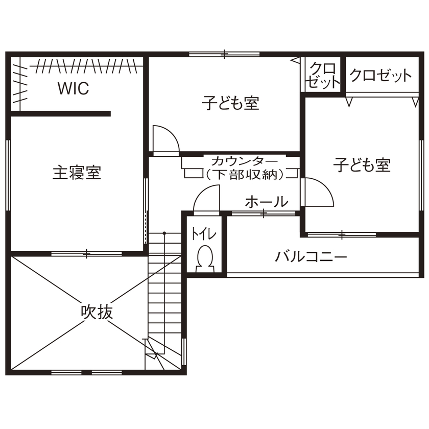 一級建築士事務所　上野工務店 【茨木市・間取り図あり・収納工夫】モールテックスのキッチンが主役の家の間取り図（3LDK）2階