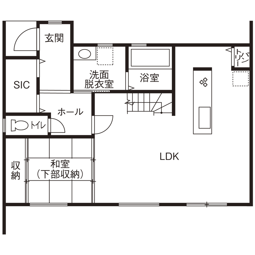 一級建築士事務所　上野工務店 【茨木市・間取り図あり・キューブ型デザイン】３LDKから５LDKまで変化できる間取りの間取り図（4LDK）1階