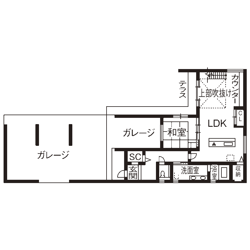 一級建築士事務所　上野工務店 【吹田市・4000万円~】第一種換気を採用したハイクオリティのガレージハウスの間取り図（3LDK）1階