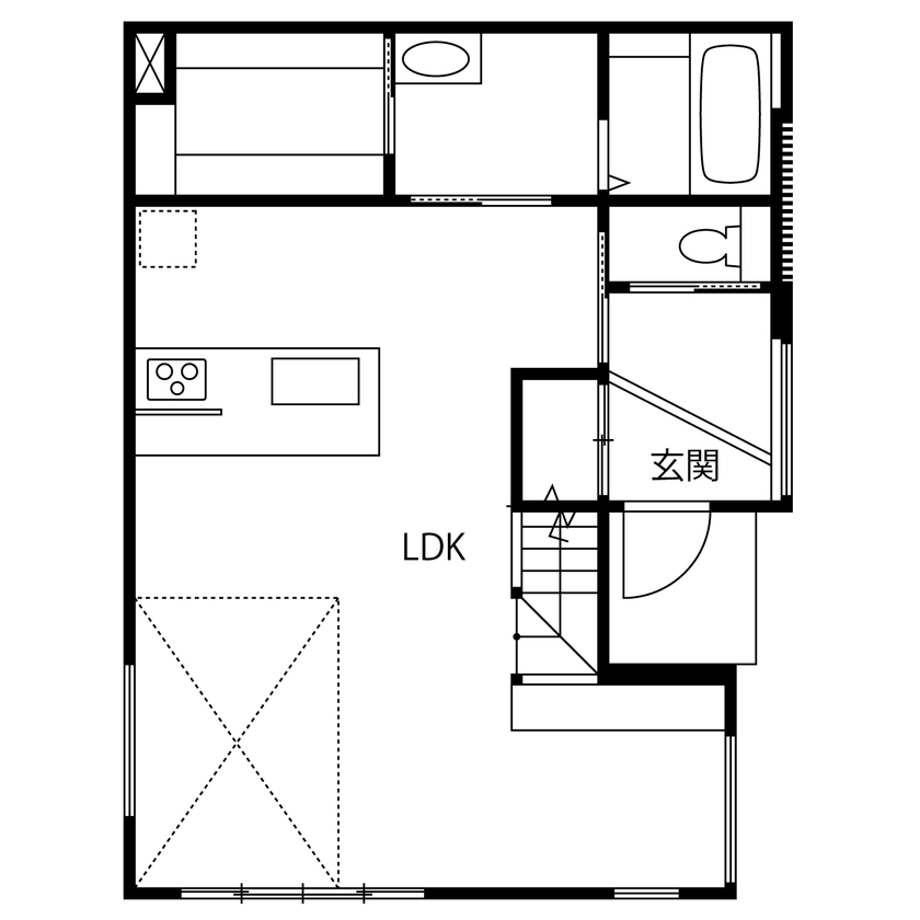 一級建築士事務所　上野工務店 【2000万円台／約33坪／間取り有】 吹抜けのあるLDKも2階フリールームも大空間！家族の気配を感じる家の間取り図（3LDK）１階