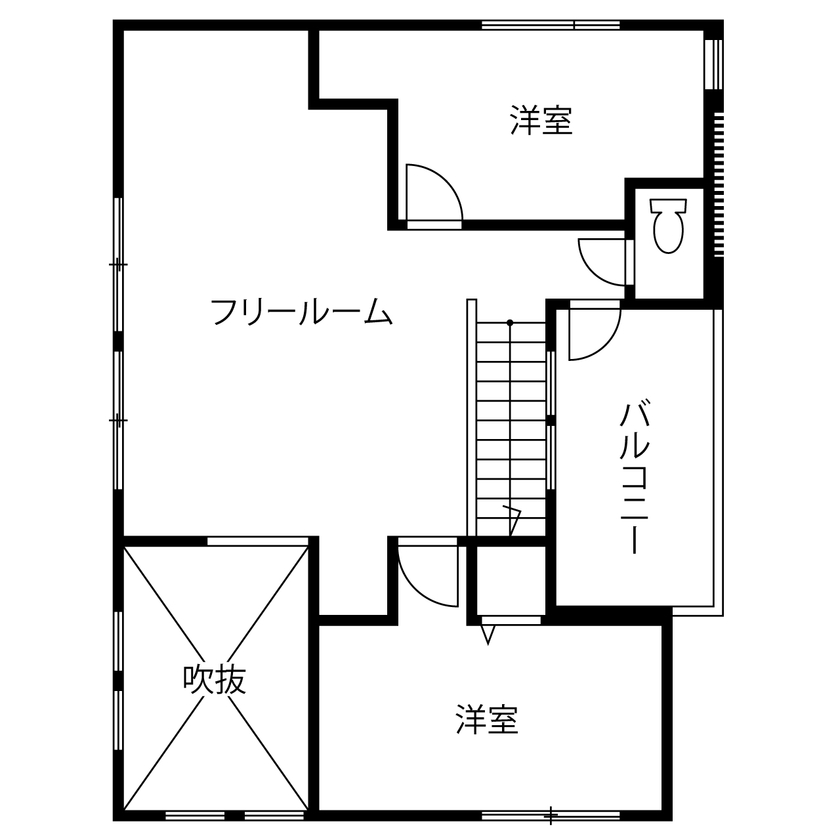 一級建築士事務所　上野工務店 【2000万円台／約33坪／間取り有】 吹抜けのあるLDKも2階フリールームも大空間！家族の気配を感じる家の間取り図（3LDK）２階