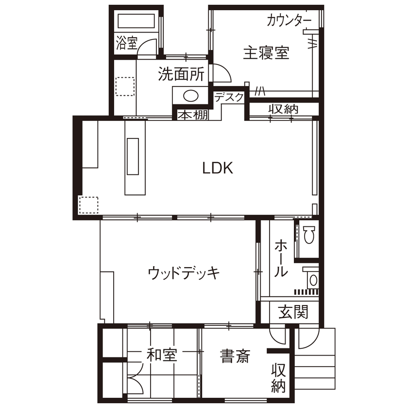 オモシロ設計集団　ecomo（エコモ） 【平屋｜27.3坪｜サウナ｜間取り】働く、暮らす。オンとオフを軽やかに切り替えて暮らしを整えるの間取り図（3LDK）1階