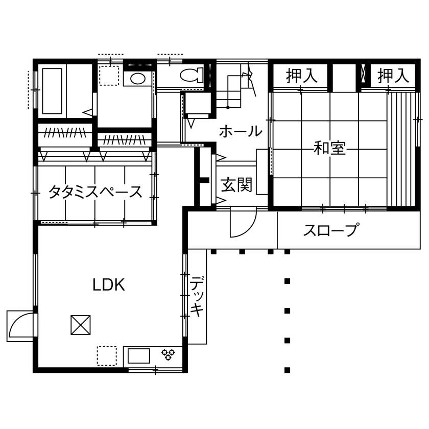 TENアーキテクツ一級建築士事務所 【建築士と建てた家＋二世帯住戸＋自然素材】２階のLDK上部には、富士山が眺められるロフトも設置の間取り図（5K以上）1階
