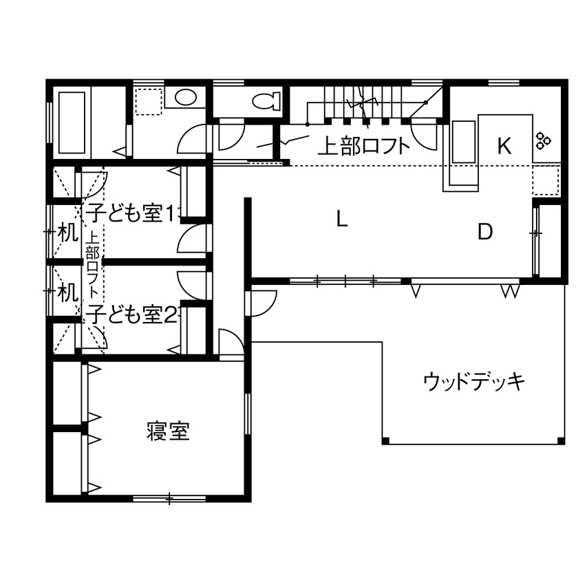 TENアーキテクツ一級建築士事務所 【建築士と建てた家＋二世帯住戸＋自然素材】２階のLDK上部には、富士山が眺められるロフトも設置の間取り図（5K以上）2階