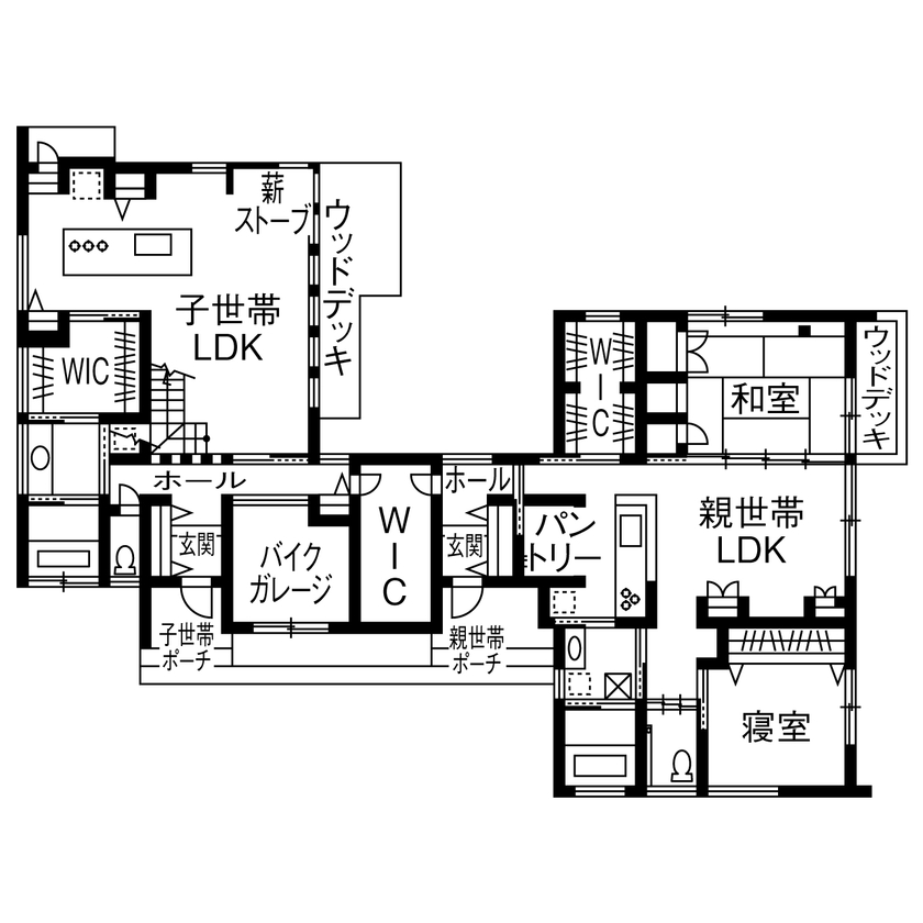 TENアーキテクツ一級建築士事務所 【建築士と建てた家＋二世帯住宅＋薪ストーブ】世帯で棟屋を分離しながらも連携フォルムの美観を実現の間取り図（5K以上）1階