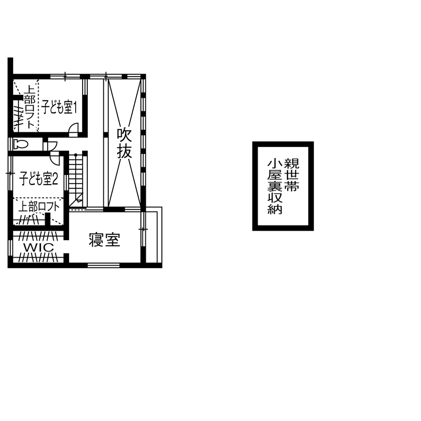 TENアーキテクツ一級建築士事務所 【建築士と建てた家＋二世帯住宅＋薪ストーブ】世帯で棟屋を分離しながらも連携フォルムの美観を実現の間取り図（5K以上）2階